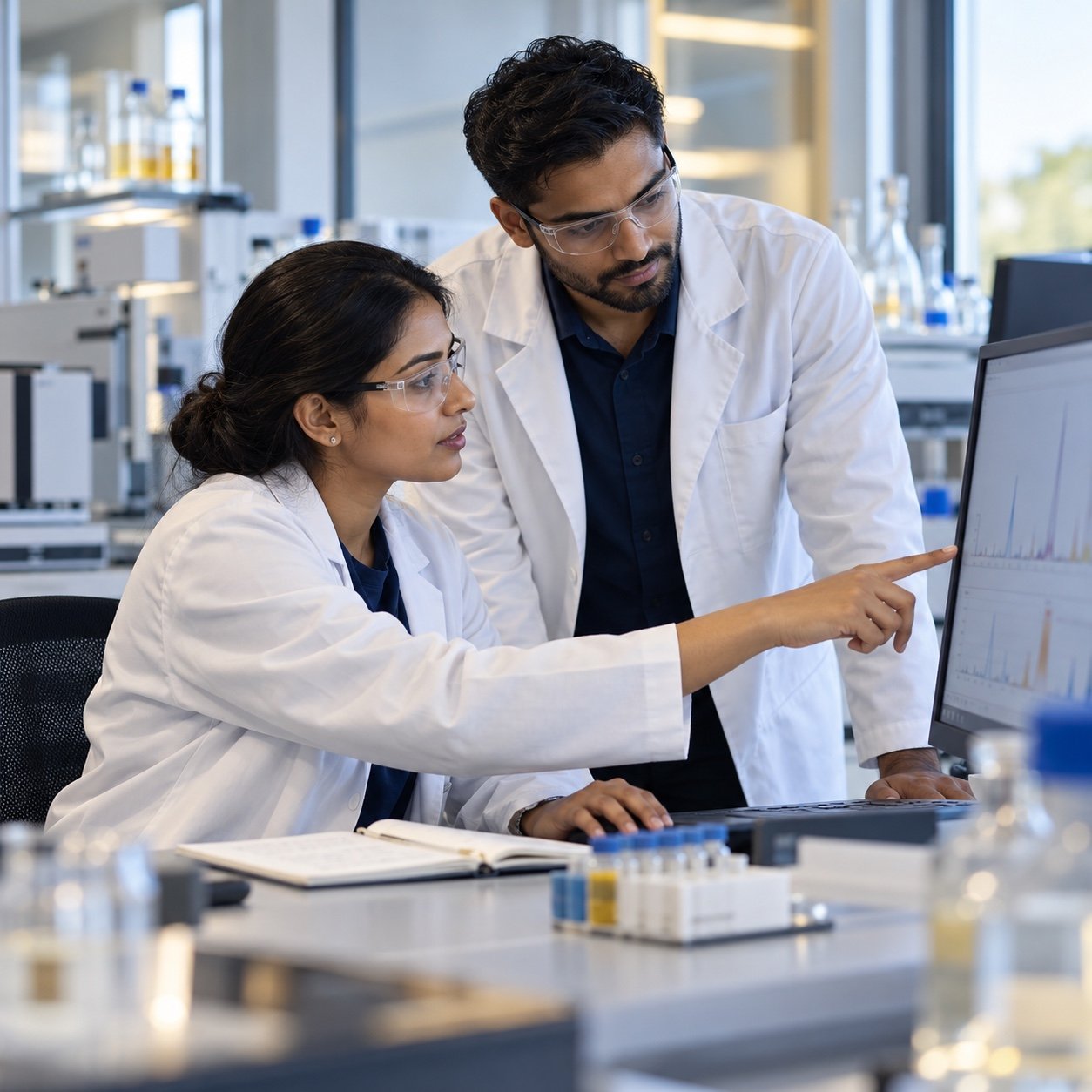Scientists collaborating while reviewing analytical results